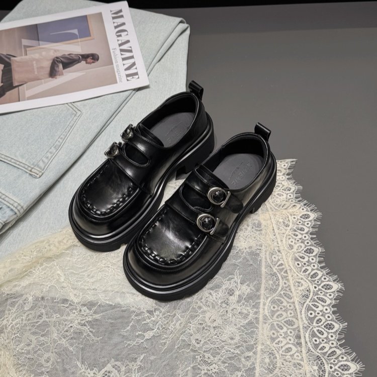 欧美厚底深口单鞋女2026春皮带扣魔术贴乐福鞋缝线英伦老钱女鞋潮,淘宝优惠券,粉丝福利购,淘宝优惠卷