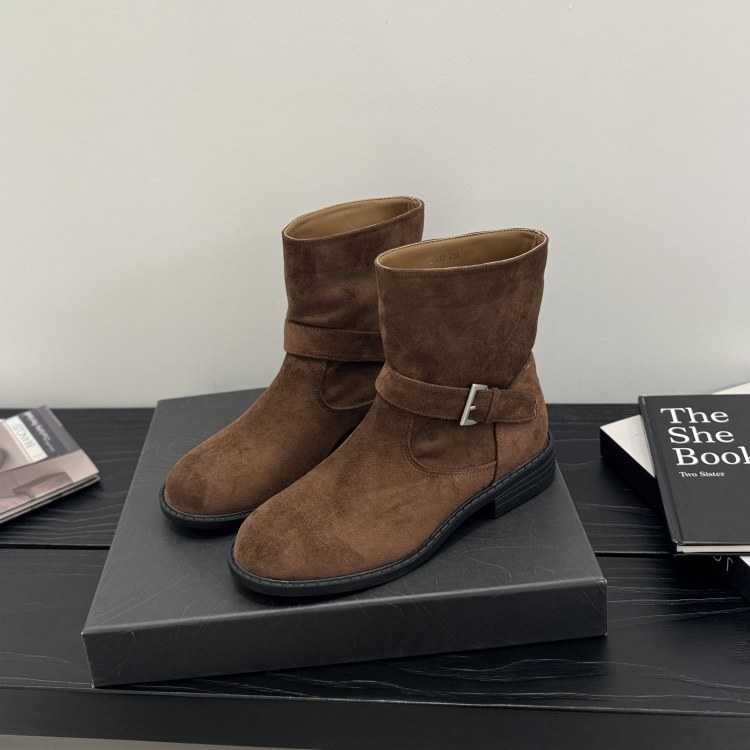 欧美绒面方跟短靴女2025秋冬皮带扣套筒西部靴时尚青年马丁靴子潮,淘宝优惠券,粉丝福利购,淘宝优惠卷