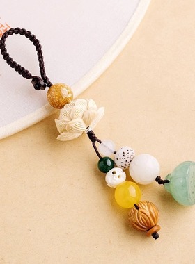 新款黄杨木莲花钥匙扣车莲蓬吊坠钥匙挂件星月菩提饰男女款配饰