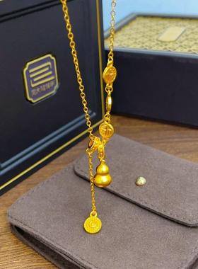 福字吉祥如意葫芦吊坠项链女古法沙金流苏复古百搭时尚气质锁骨链