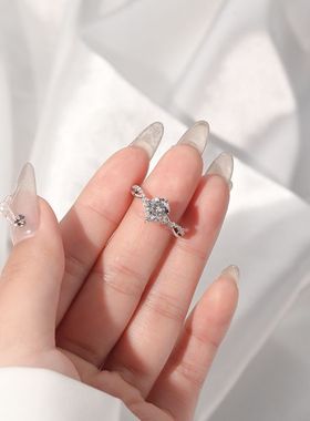 925纯银开口戒指女款ins小众设计时尚个性高颜值仿钻指环求婚钻戒