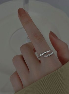 竹节戒指女镀S925纯银不掉色小众设计开口调节简约百搭指环礼物