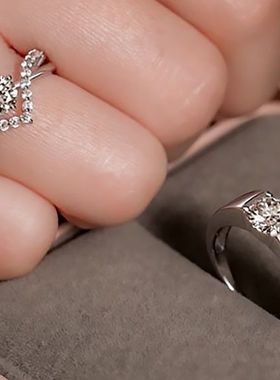 纯银为爱加冕情侣戒指四爪仿真莫桑石钻戒男女款皇冠活口对戒送礼