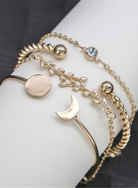 欧美风树枝月亮圆形麻花手链