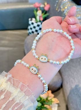 足银999描金拉布布纯银手链小众简约古法圆珠银手串女送女友礼物