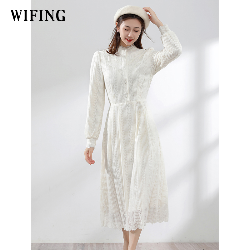 未风杏色蕾丝连衣裙秋冬新款女装轻奢长袖内搭裙子配大衣冬裙长裙 - 图1