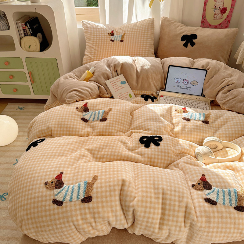 网红腊肠狗牛奶绒四件套秋冬保暖卡通毛巾绣珊瑚绒双面绒被套床单,淘宝优惠券,粉丝福利购,淘宝优惠卷