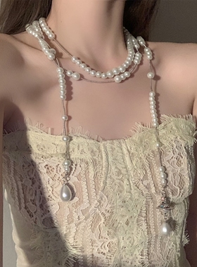 三层不对称珍珠毛衣链项链女法式破碎多层高级感锁骨项链网红同款