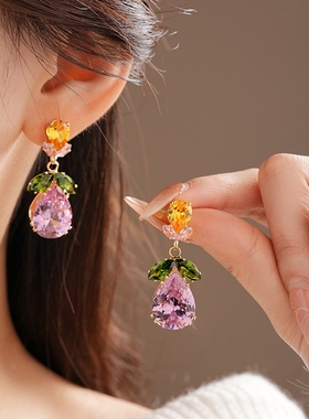 彩色锆石水滴树叶项链欧美重工高级感锁骨链时尚晚礼服首饰套装女