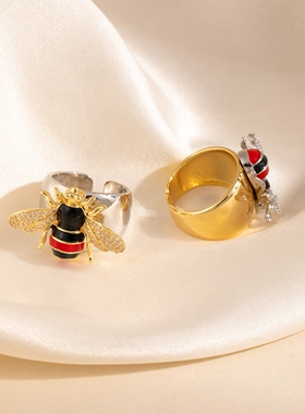 个性轻奢设计感金属开口镶钻蜜蜂戒指小众精致光面宽版指环食指戒