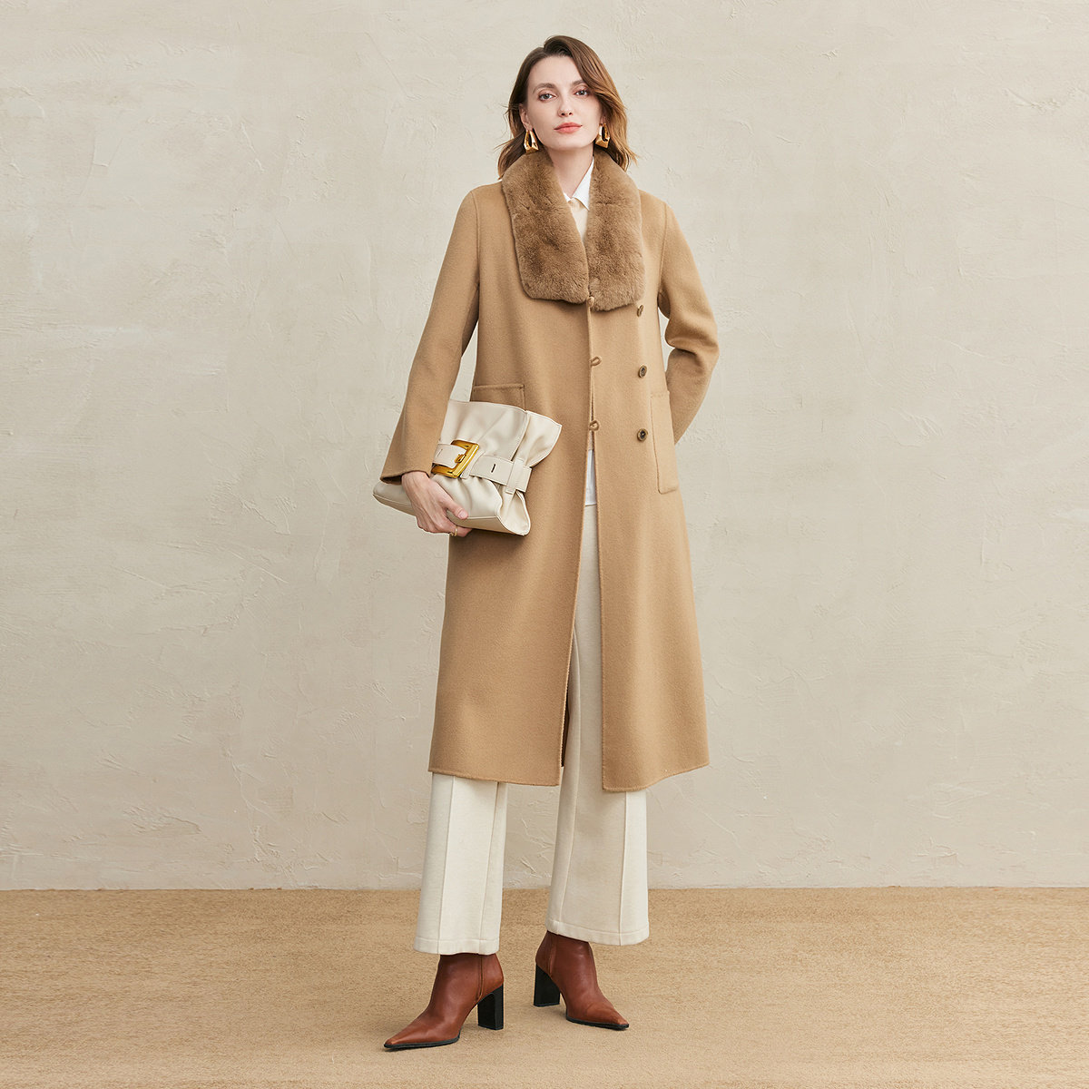 FINITY菲妮迪毛呢外套2025年冬季新款简约双面呢毛领复古大衣女士,淘宝优惠券,粉丝福利购,淘宝优惠卷