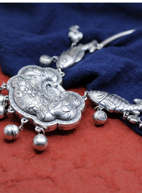 足银999复古平安长命锁纯银手工荷花民族风儿童成人银项圈礼物