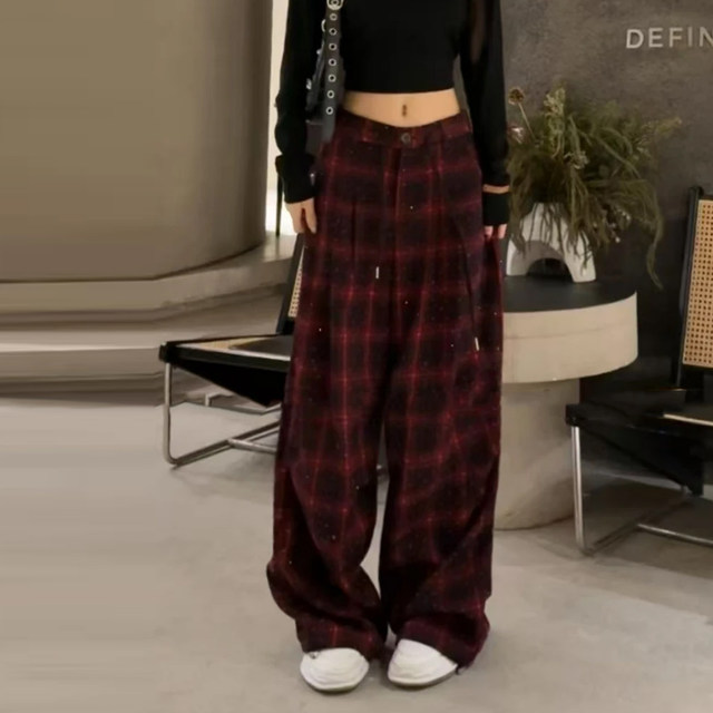 (Trendy Plaid) 2026 ຮູບແບບໃຫມ່ຂອງເກົາຫຼີແບບດ່ຽວແບບເພັດຮ້ອນ Plaid ອອກແບບ slimming wide-leg Pants Casual Pants