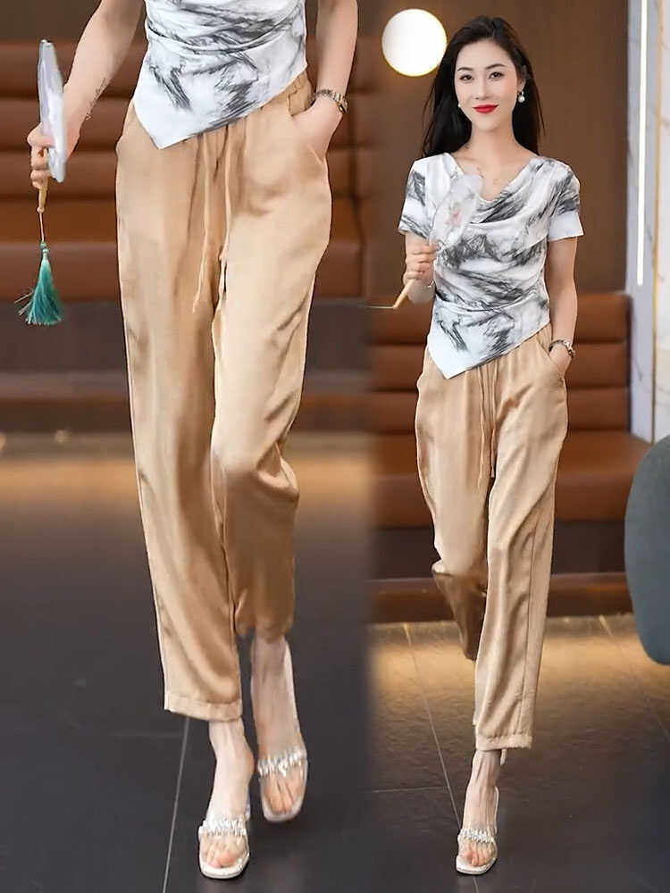 醋酸缎冰丝裤子女2026新款夏季薄款新百搭宽松垂感九分直筒哈伦裤