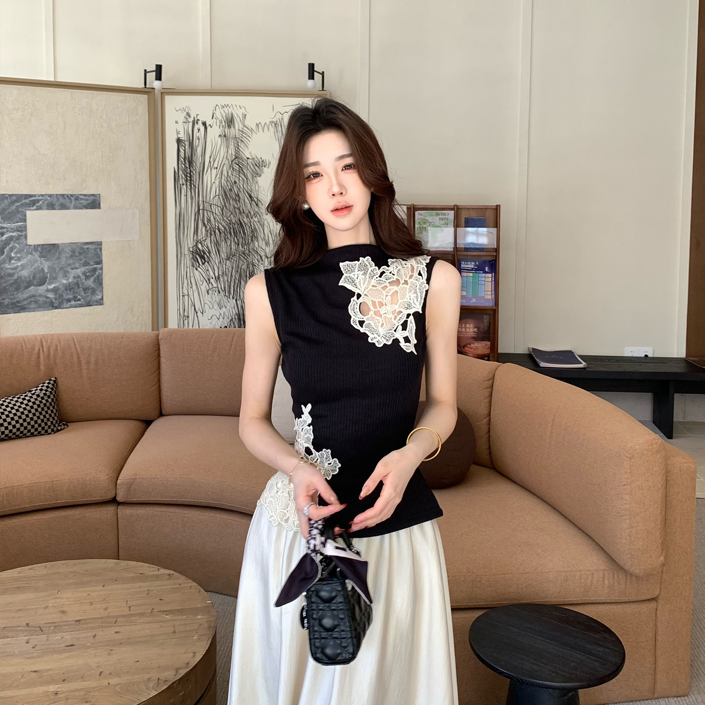 木子李的李新中式无袖内搭针织背心蕾丝拼接亲肤上衣高腰半身裙冬,淘宝优惠券,粉丝福利购,淘宝优惠卷