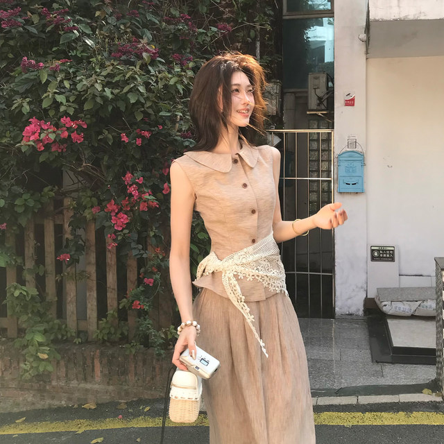 Muzi Li's Lazy Style Linen Suit Casual Sleeveless Waist Top Small Waisted Wide Leg Pants Summer Women's Summer