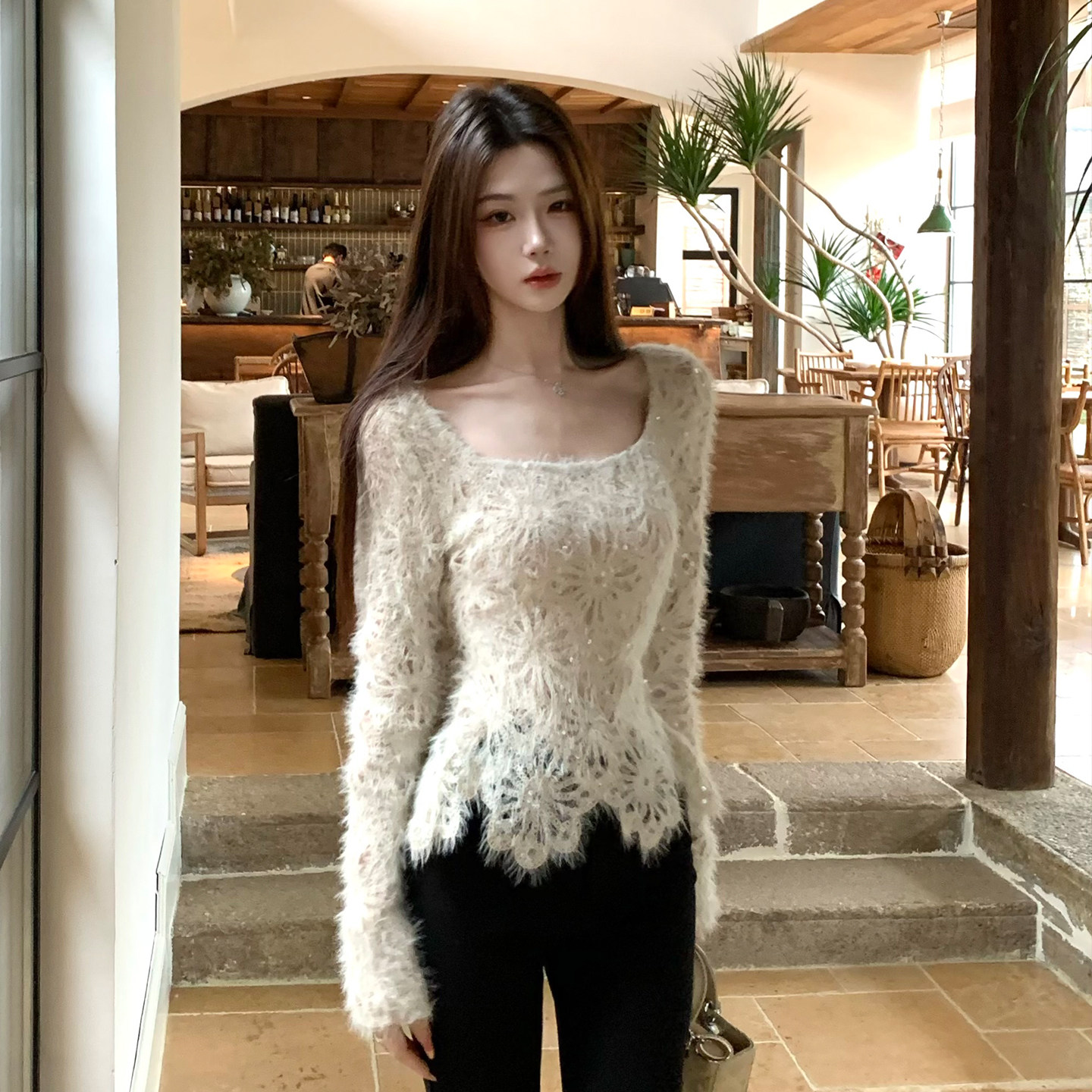 木子李的李设计感长袖方领内搭蕾丝上衣可外穿加绒针织喇叭长裤冬,淘宝优惠券,粉丝福利购,淘宝优惠卷