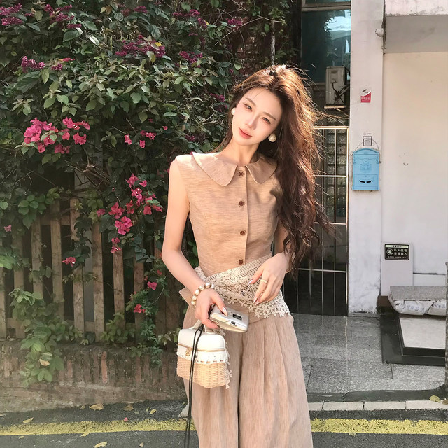 Muzi Li's Lazy Style Linen Suit Casual Sleeveless Waist Top Small Waisted Wide Leg Pants Summer Women's Summer