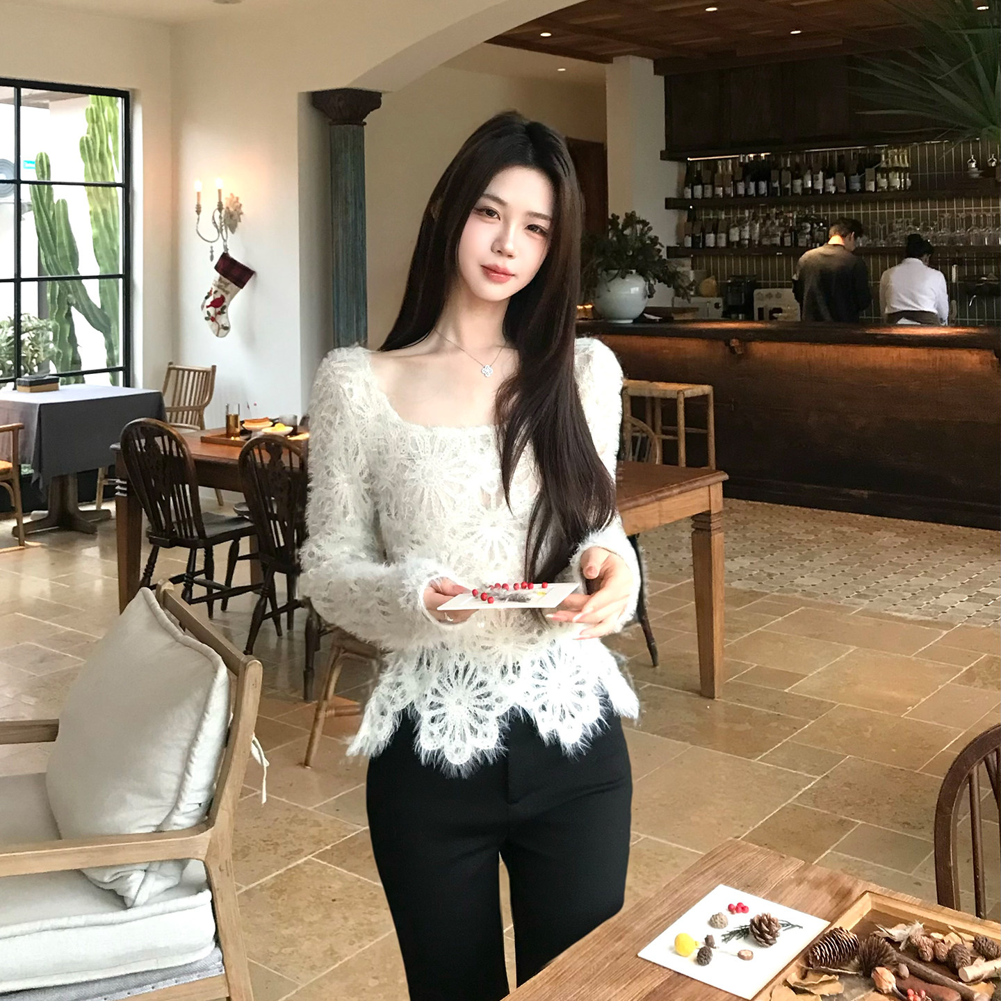 木子李的李设计感长袖方领内搭蕾丝上衣可外穿加绒针织喇叭长裤冬,淘宝优惠券,粉丝福利购,淘宝优惠卷