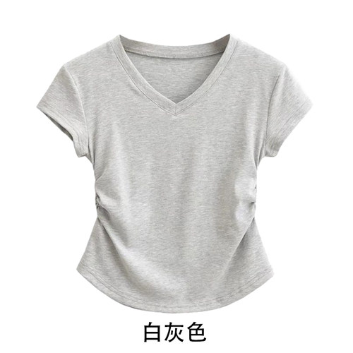 高级感杏色短袖正肩t恤女夏2025新款修身短款上衣收腰V领半袖纯棉 - 图3