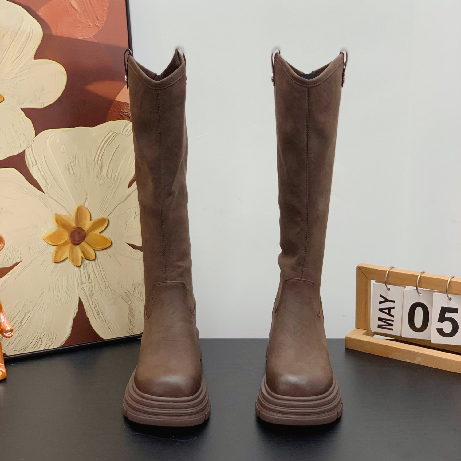 高级感V口骑士靴小个子女增高6CM粗跟长靴2025冬季复古百搭瘦瘦靴,淘宝优惠券,粉丝福利购,淘宝优惠卷