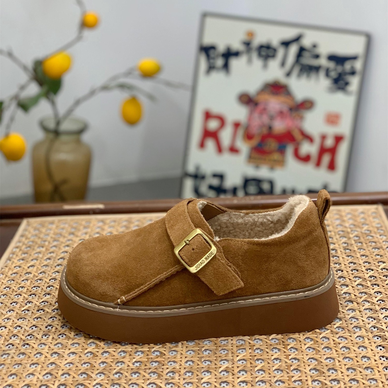 羊羔毛厚底真皮勃肯鞋女2025冬季新款一脚蹬复古增高保暖博肯棉鞋,淘宝优惠券,粉丝福利购,淘宝优惠卷