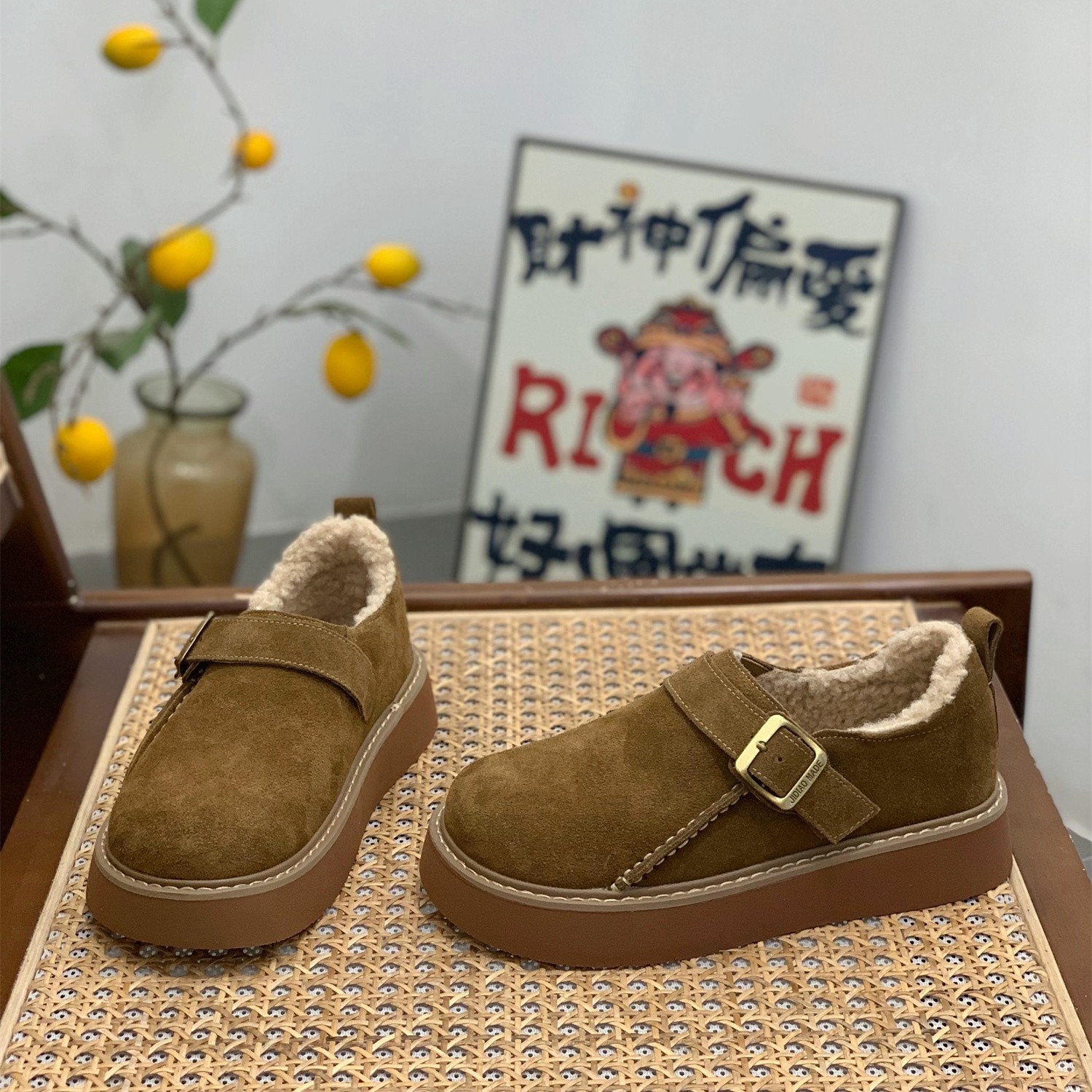 羊羔毛厚底真皮勃肯鞋女2025冬季新款一脚蹬复古增高保暖博肯棉鞋,淘宝优惠券,粉丝福利购,淘宝优惠卷