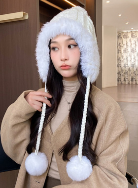 秋冬女兔毛加绒护耳雷锋帽显脸小