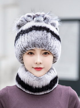 獭兔毛妈妈保暖围脖帽套装