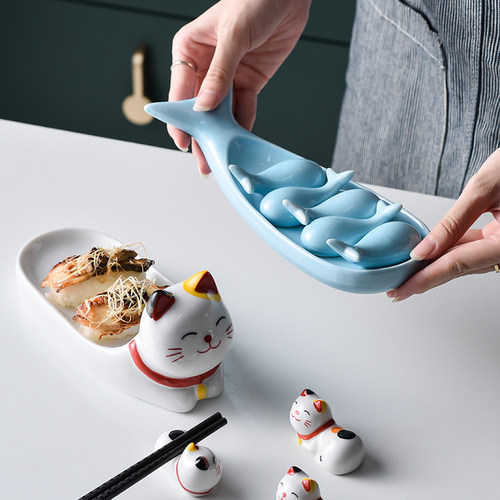 日式陶瓷筷托套装创意精致筷枕家用可爱猫鲸鱼筷架餐桌摆件寿司盘 - 图1