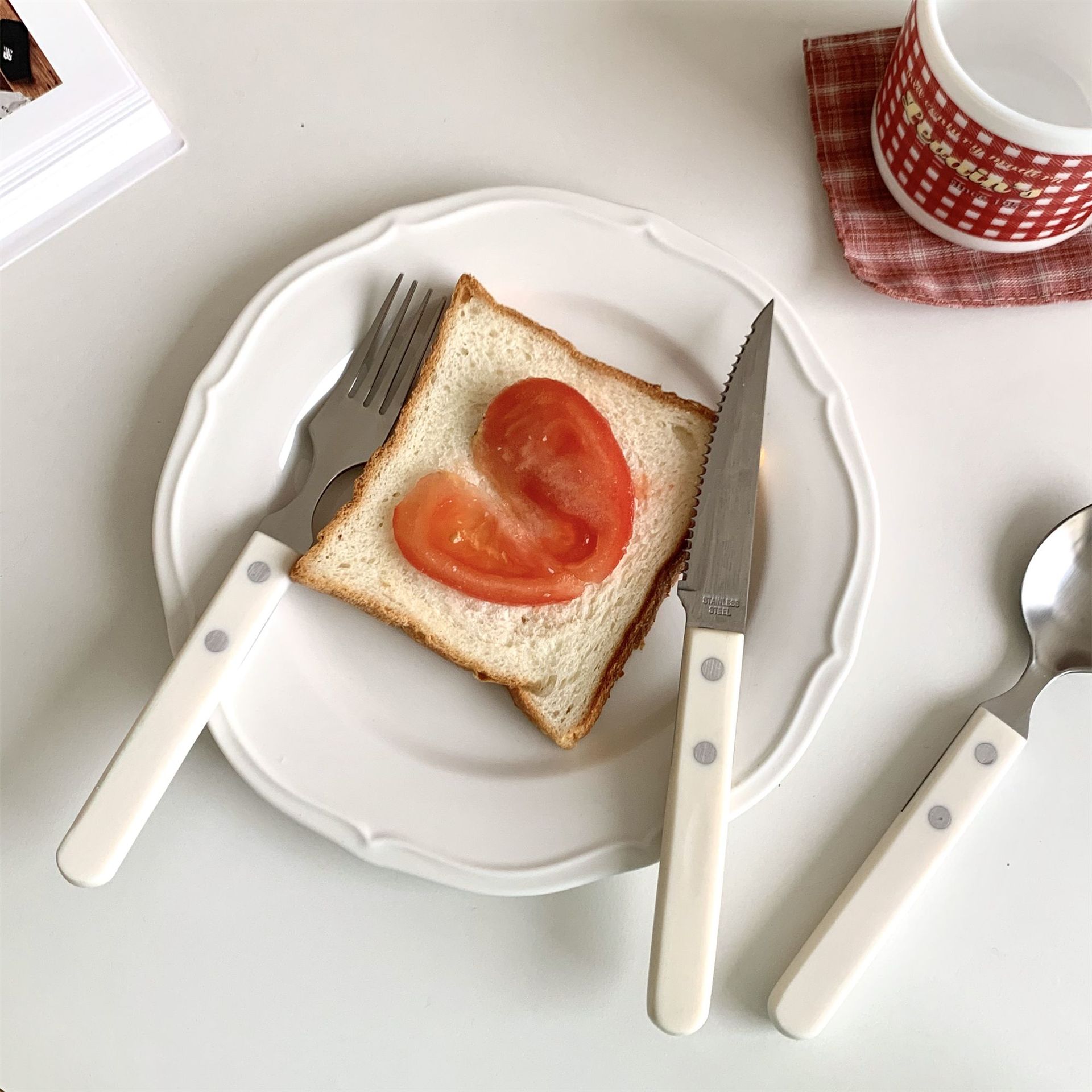 LS 奶白色不锈钢刀叉 可爱餐具组牛排勺子叉子刀叉勺甜品勺 - 图1