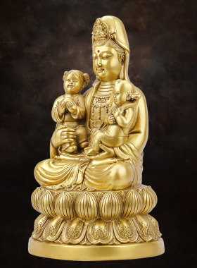 送子观音像双孩黄铜家居客厅摆件