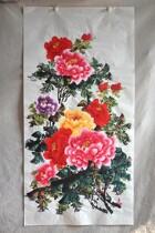 Four feet 1 4 * 0 7 m Peony pure hand-painted Chinese painting flower and bird peony