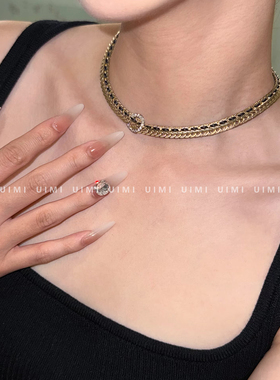 UIMI/颈间的艺术品！25FW 奢华小羊皮穿皮镶钻双圈金属编织链条女