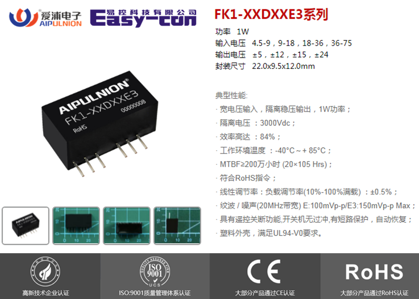 FK1-24D05E3 FK1-24D12E3 FK1-24D15E3 FK1-24D24E3 DC电源模块1W - 图1