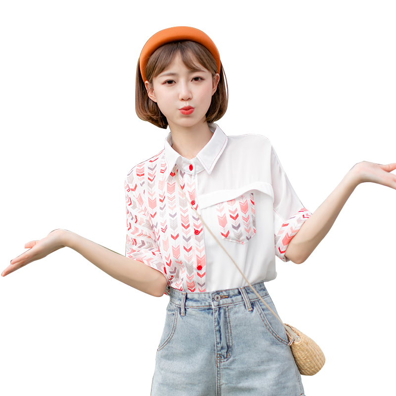 ap嗳派服饰旗舰店夏季新款五分袖雪纺衬衫插肩短袖上衣时尚拼接碎花衬衣学生少女装3