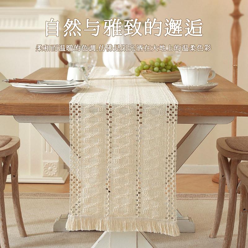复古高级茶席镂空仿棉麻桌旗电视柜茶几长条桌布禅意中古盖布餐垫 - 图1