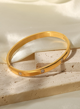 18K金镶嵌白色圆形锆石手镯女时尚百搭简约新款钛钢手镯手链饰品