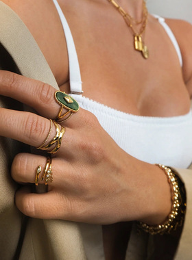 复古18K金不锈钢天然非洲玉石头开口戒指高级感欧美风戒指饰品