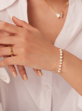 天然淡水珍珠不锈钢手链手镯首饰 女式礼物PVD电镀18k金链式手链