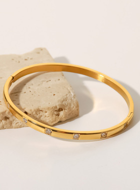 欧美INS网红同款钛钢手镯首饰不锈钢18K金镶嵌白色圆形锆石手镯女