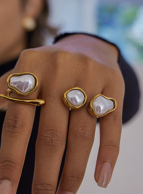 仿巴洛克珍珠戒指钛钢不掉色手饰轻奢高级感不锈钢秋冬饰品女