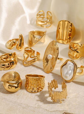 不锈钢金色珍珠戒指夸张高级感指环欧美ring钛钢手饰饰品