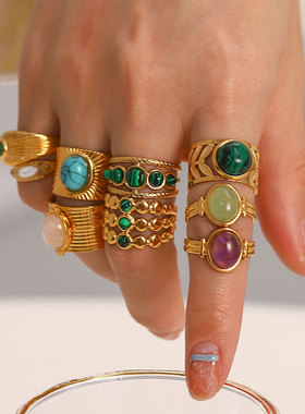 法式复古设计师网红欧美气质小众不规则宝石不掉色钛钢开口戒指女