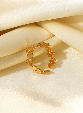 INS新款不锈钢18k镀金滴油珐琅首饰防水彩色花朵手指戒指女式饰品