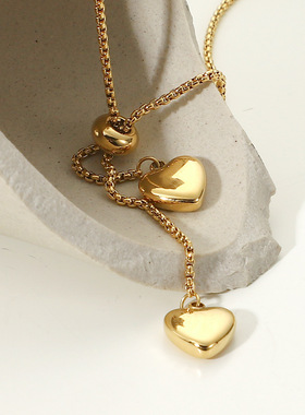 欧美INS钛钢项链 14K金Y字形绳链两个爱心吊坠项链女式时尚款项链