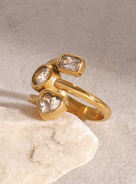 不锈钢爱心锆石戒指高级感夸张指环钛钢手饰品欧美rings