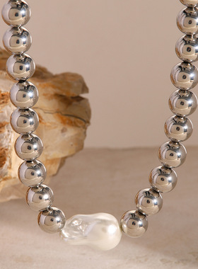 欧美不锈钢巴洛克珍珠项链高级感小众串珠锁骨链钛钢项饰