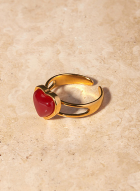 2024新款18k金不锈钢红玛瑙戒指ins风小众轻奢镶嵌红玛瑙爱心戒指