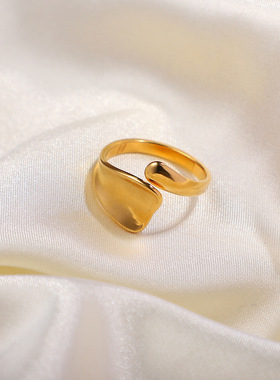 欧美INS网红同款钛钢戒指18K镀金不锈钢异形开口戒指几何形指环女